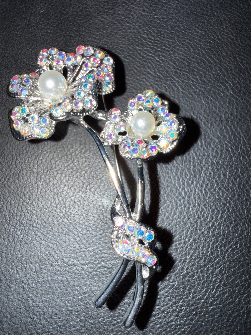 Silver Floral Brooch with Pearl Centers and Iridescent Crystals